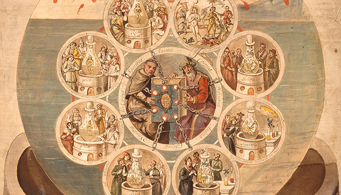Alchemists Revealing Secrets from the Book of Seven Seals, detail from the Ripley Scroll, ca. 1700. The Getty Research Institute, 950053