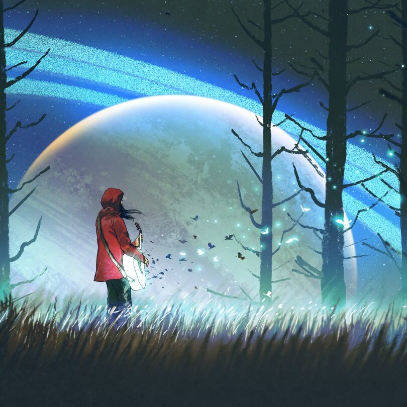 night scenery of young woman playing a magic guitar in the forest against glowing planet on background, digital art style, illustration painting